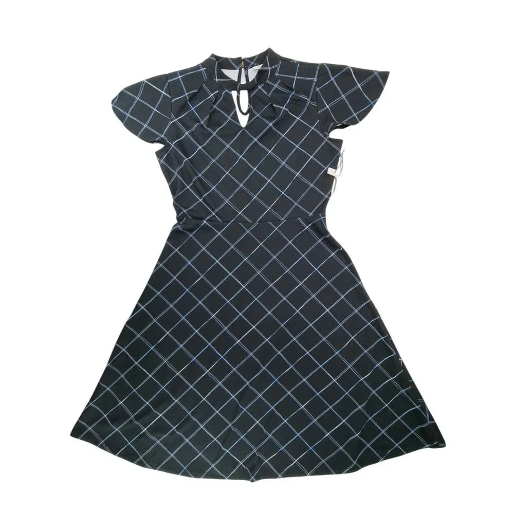 Liz Claiborne Black Plaid Square Fit Flare Dress Women Size 6 Keyhole Back Blue - Picture 1 of 9
